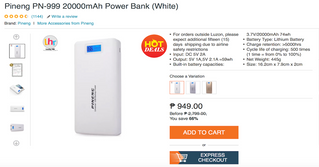 Pineng PN-999 20000mAh Power Bank (White)