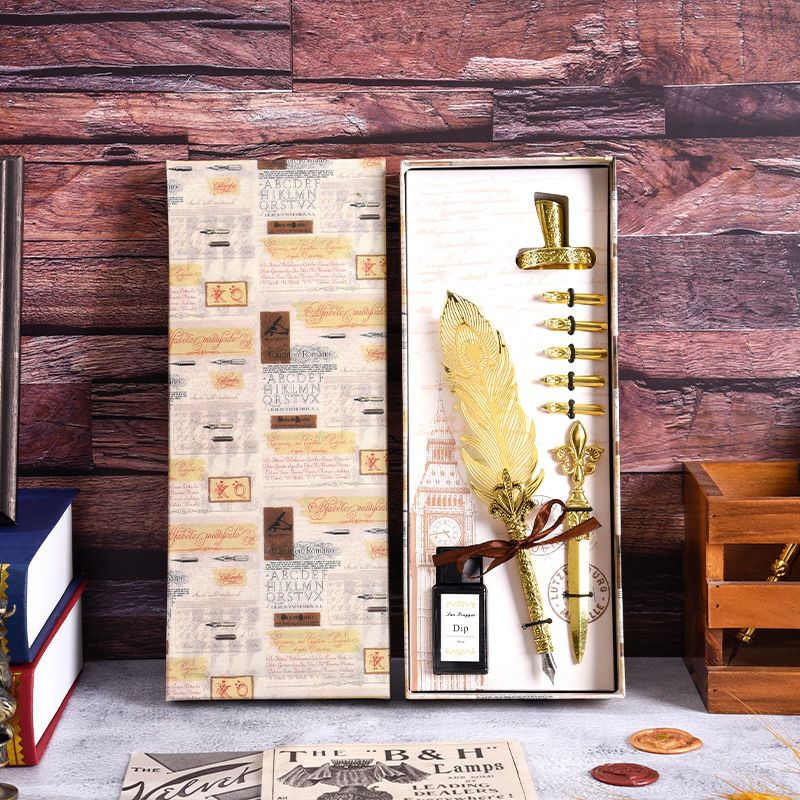 Thumbnail: Classical Retro Feather Dip Ink Metal Pen Box Set