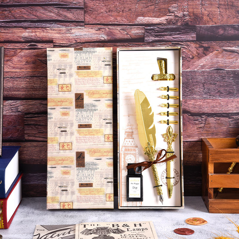 Thumbnail: Classical Retro Feather Dip Ink Metal Pen Box Set