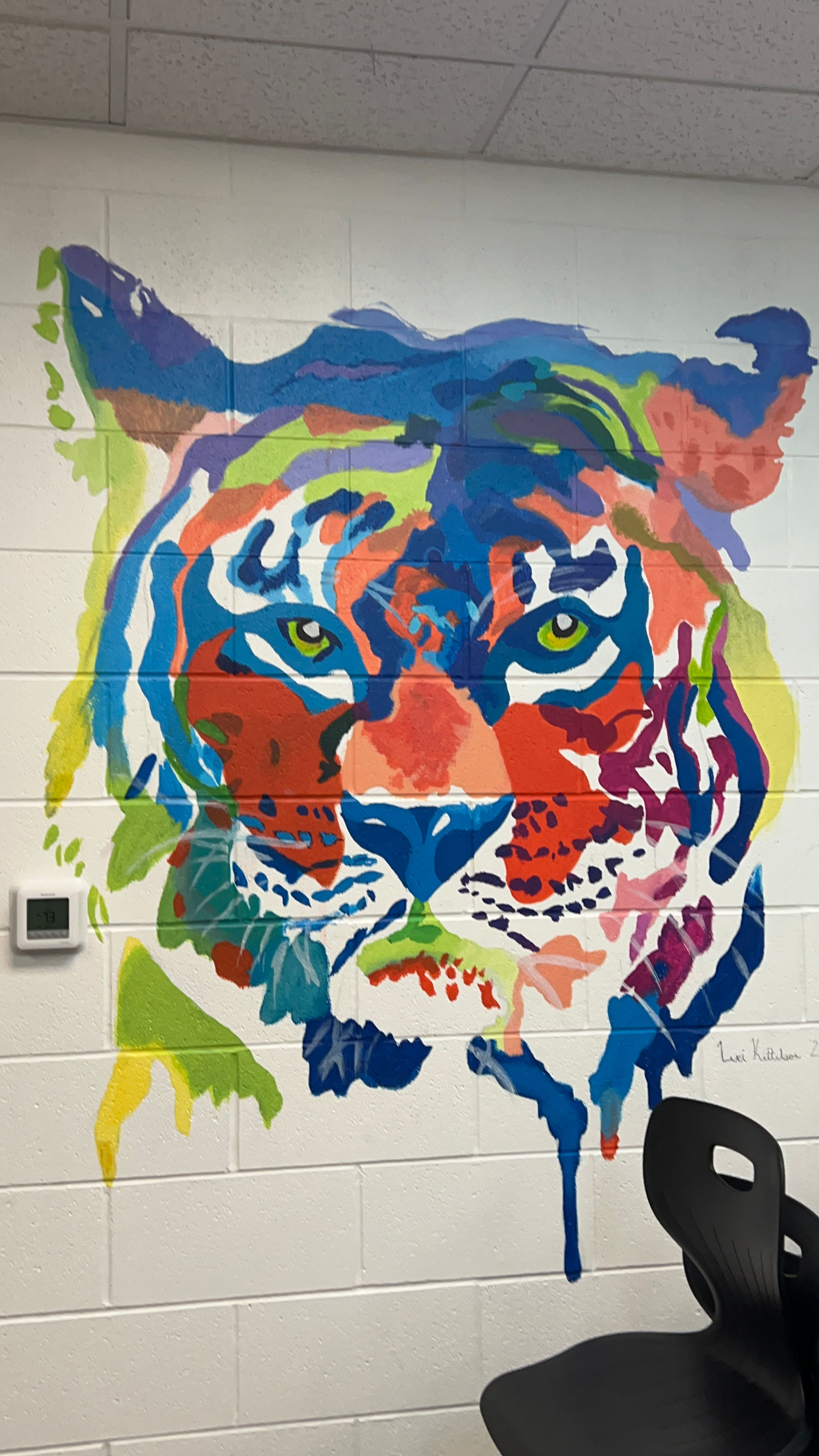 Colorful painted tiger head on wall with multi-colored abstract design.