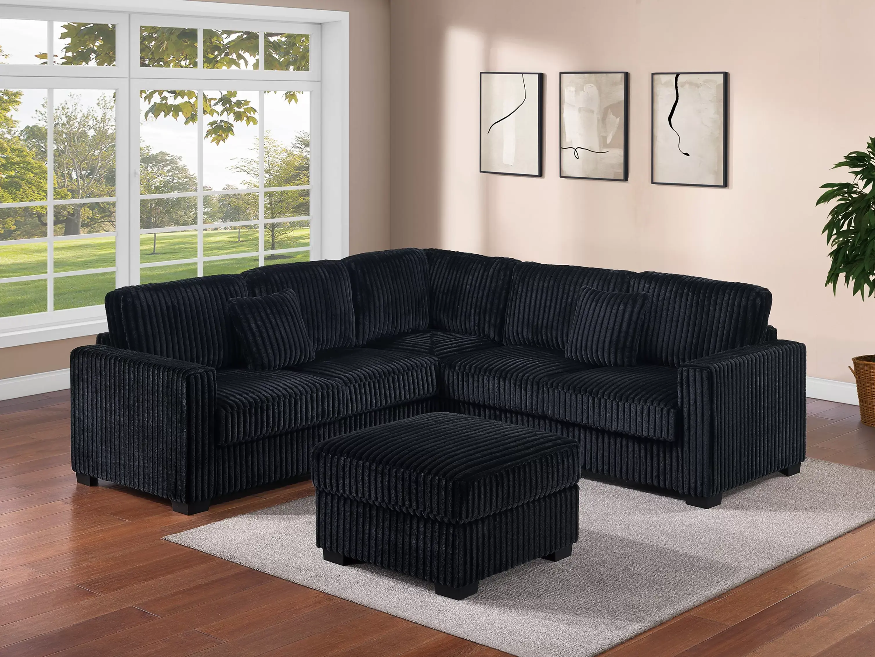 4-Piece Jumbo Corduroy Sectional Set with Ottoman | Modern L-Shaped Corner Sofa