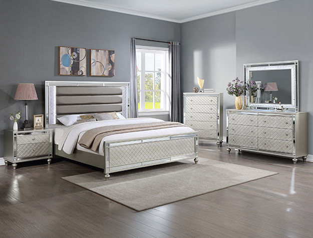 Cristian Champagne Bedroom 4 Piece Set with LED Channel Tufted Bed