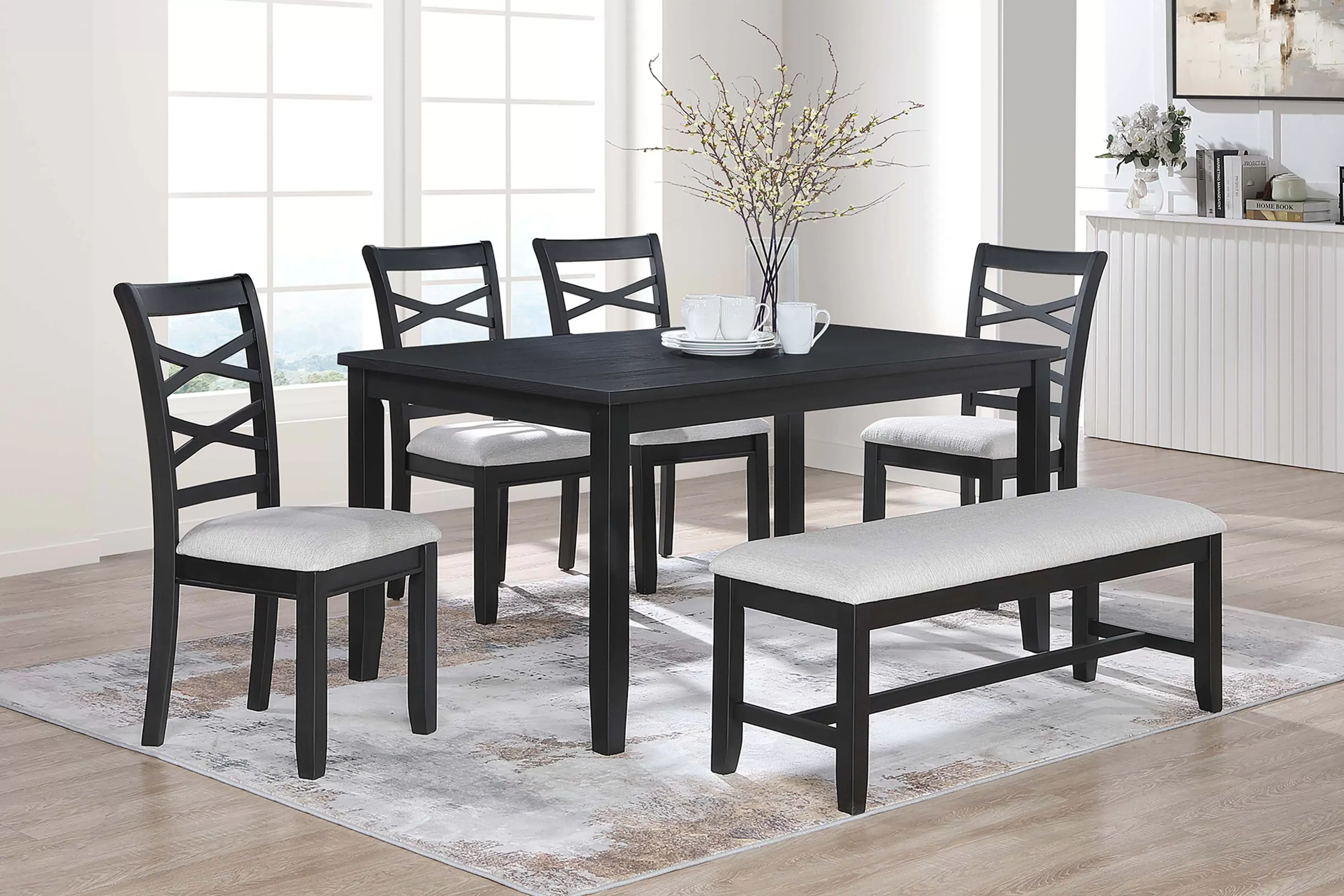 6-Piece Dining Set | Rustic Black Table, Chairs & Bench for Dining Room