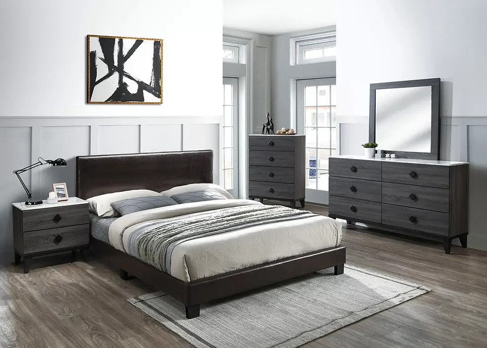 Thumbnail: 4-Piece Bedroom Set | Faux Leather Bed with Dresser, Mirror & Nightstand