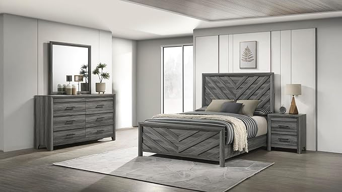 Valor Bedroom 4 Pcs Set with Chevron Headboard & Rustic Finish