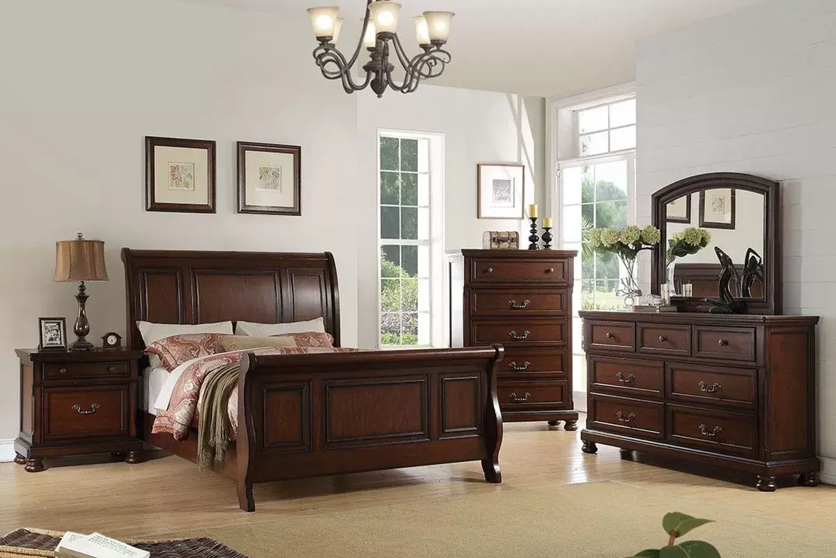 4-Piece Master Bedroom Set | Upholstered Bed with Dresser, Mirror & Nightstand