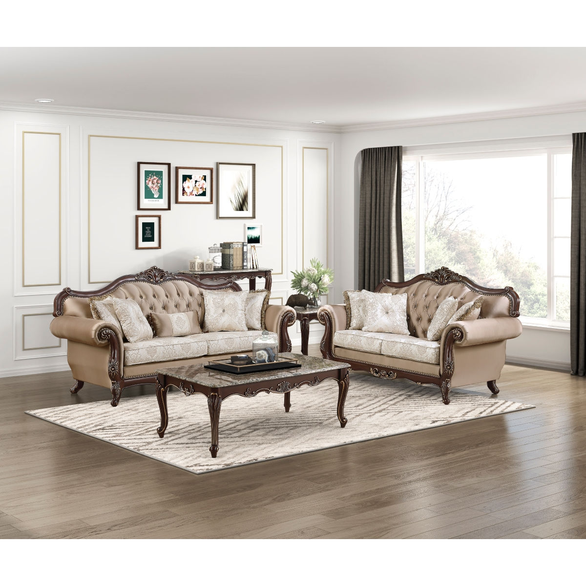 2-Piece Brown Traditional Sofa & Loveseat Set with Crystal Tufted Backrest