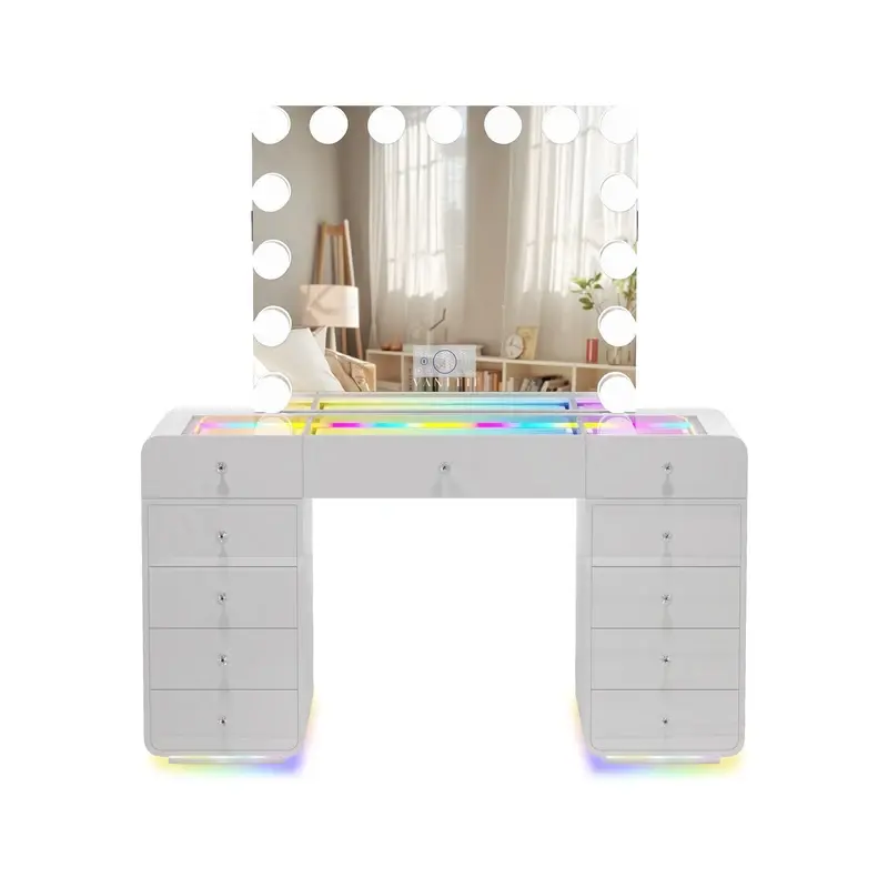 VANITII Catalina Vanity Desk with RGB Lights, LED Mirror & Speakers