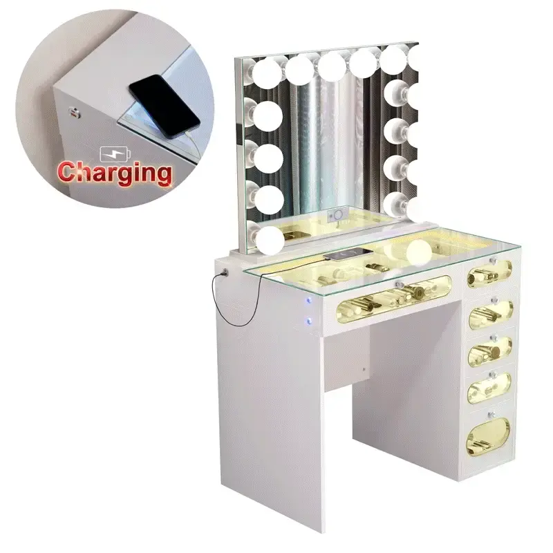 Thumbnail: VANITII 6-Drawer Glass Top Vanity Desk with LED Mirror & Bluetooth