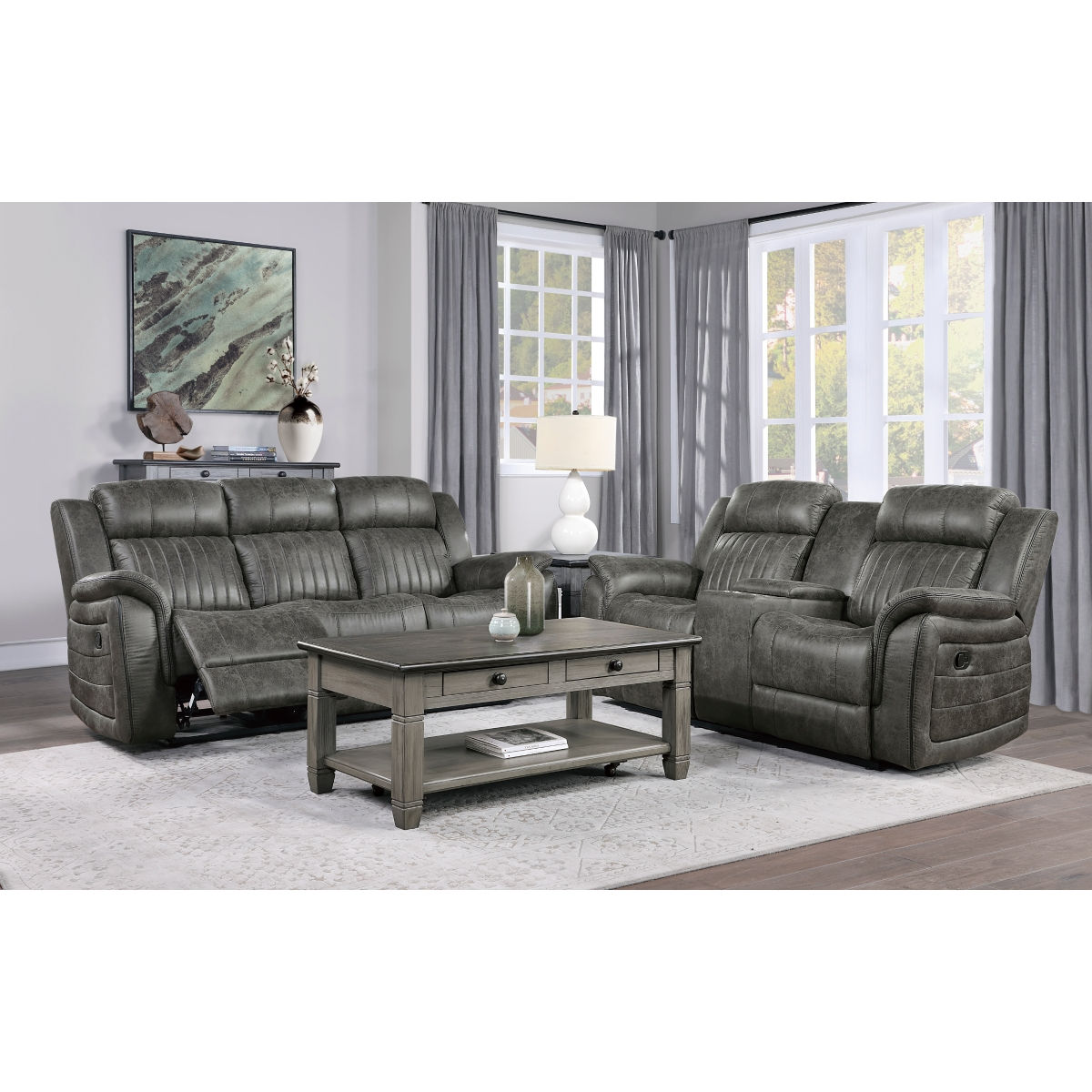 2-Piece Brown Gray Reclining Sofa & Loveseat Set with Center Console