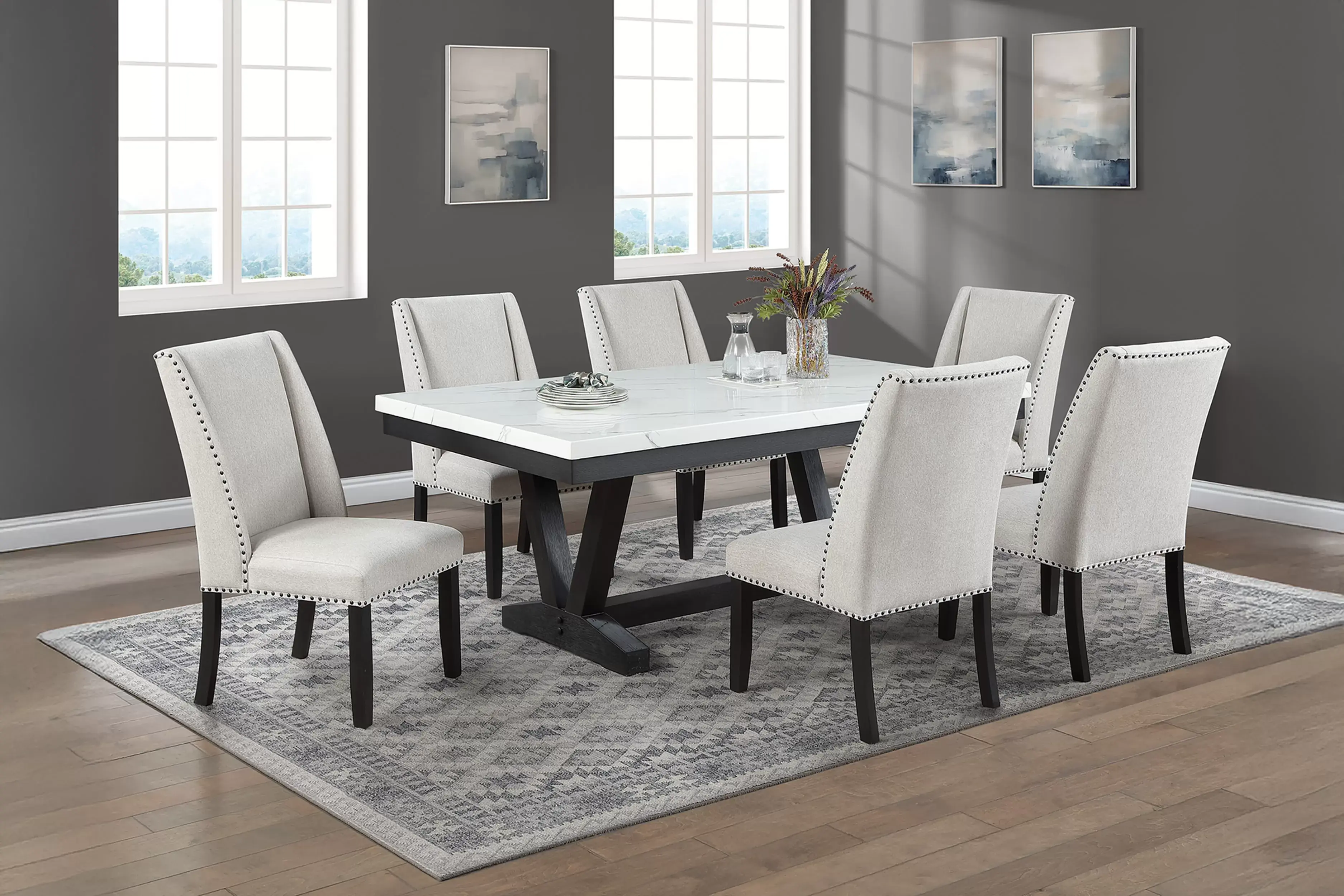 Modern Dining Table Set | Faux Marble Table & 6 Upholstered Chairs