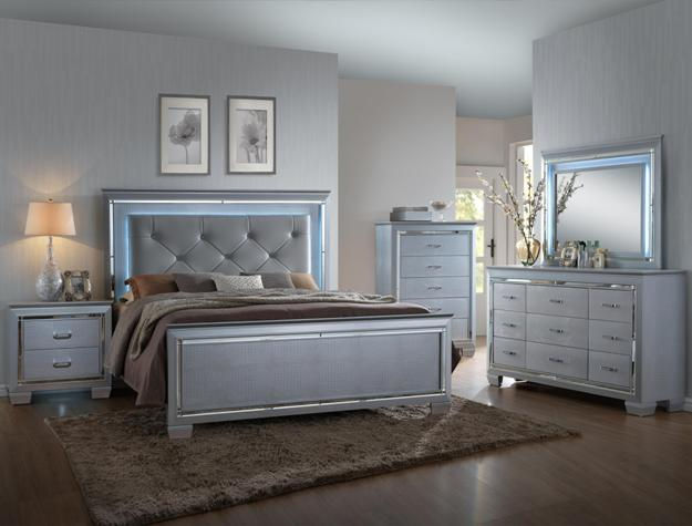 LILLIAN 4-Piece Bedroom Set with LED Tufted Bed, Dresser & Mirror
