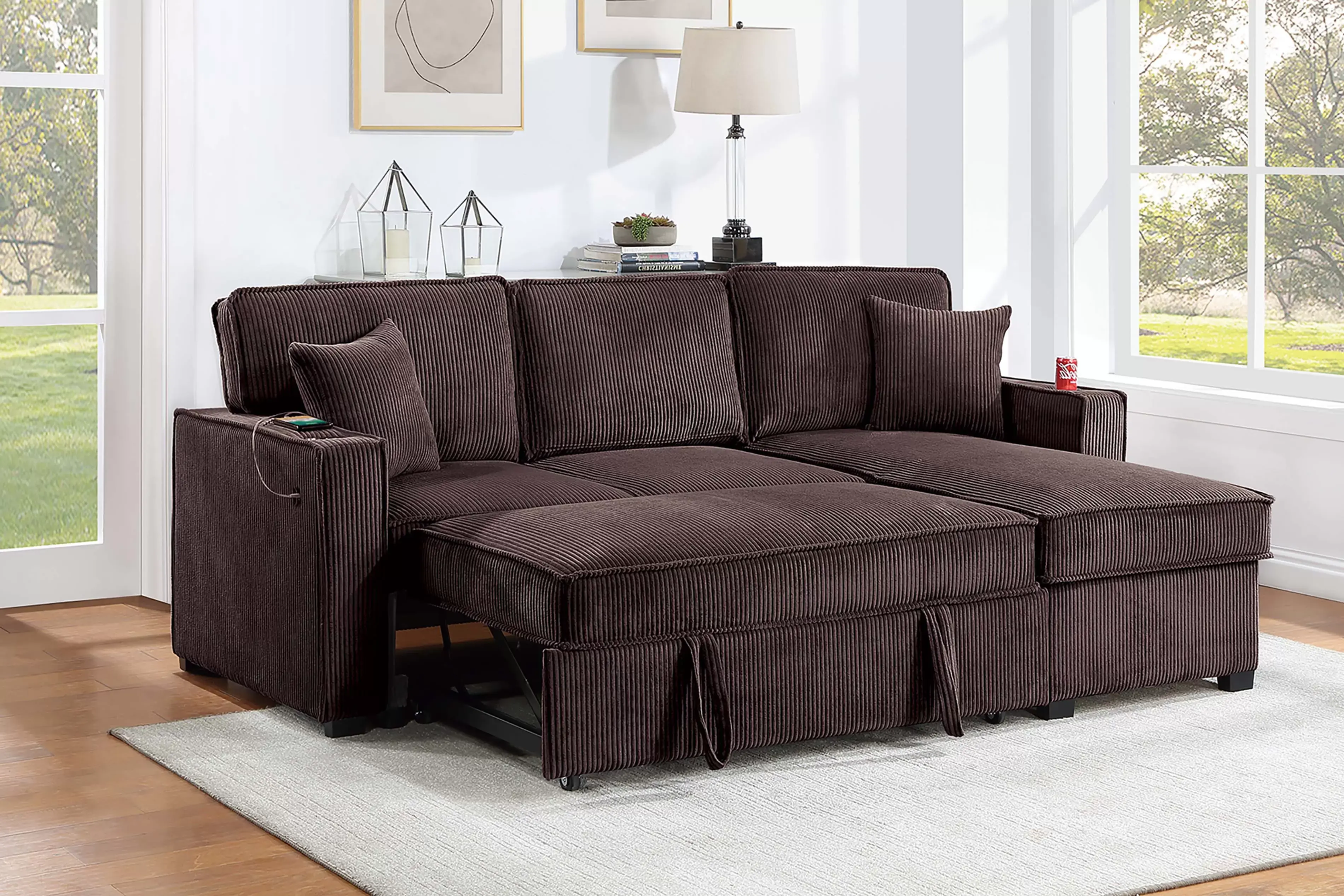 Convertible Sectional | Corduroy Sleeper Sofa with Storage & USB Port