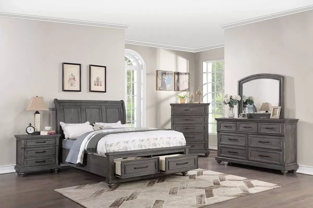 Platform Storage Bed | Wood Panel Headboard Bed with Drawers for Bedroom