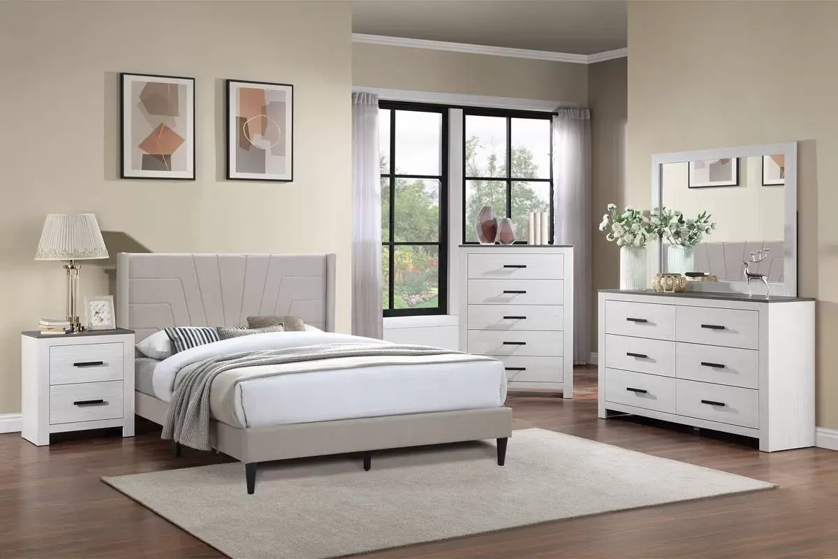 4-Piece Bedroom Set | Modern Farmhouse Bed with Dresser, Mirror & Nightstand