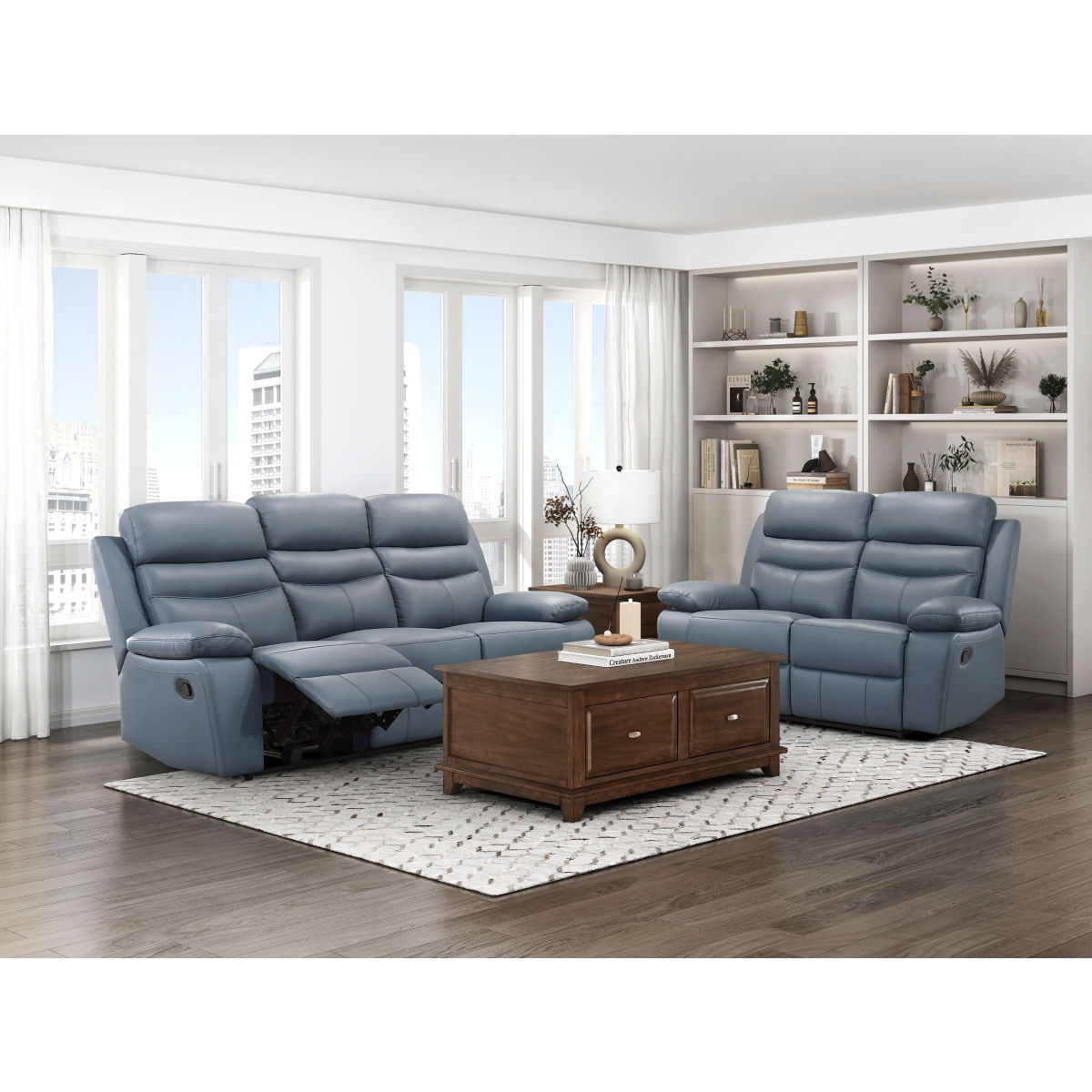 2-Piece Top Grain Leather Match Double Reclining Sofa & Loveseat Set