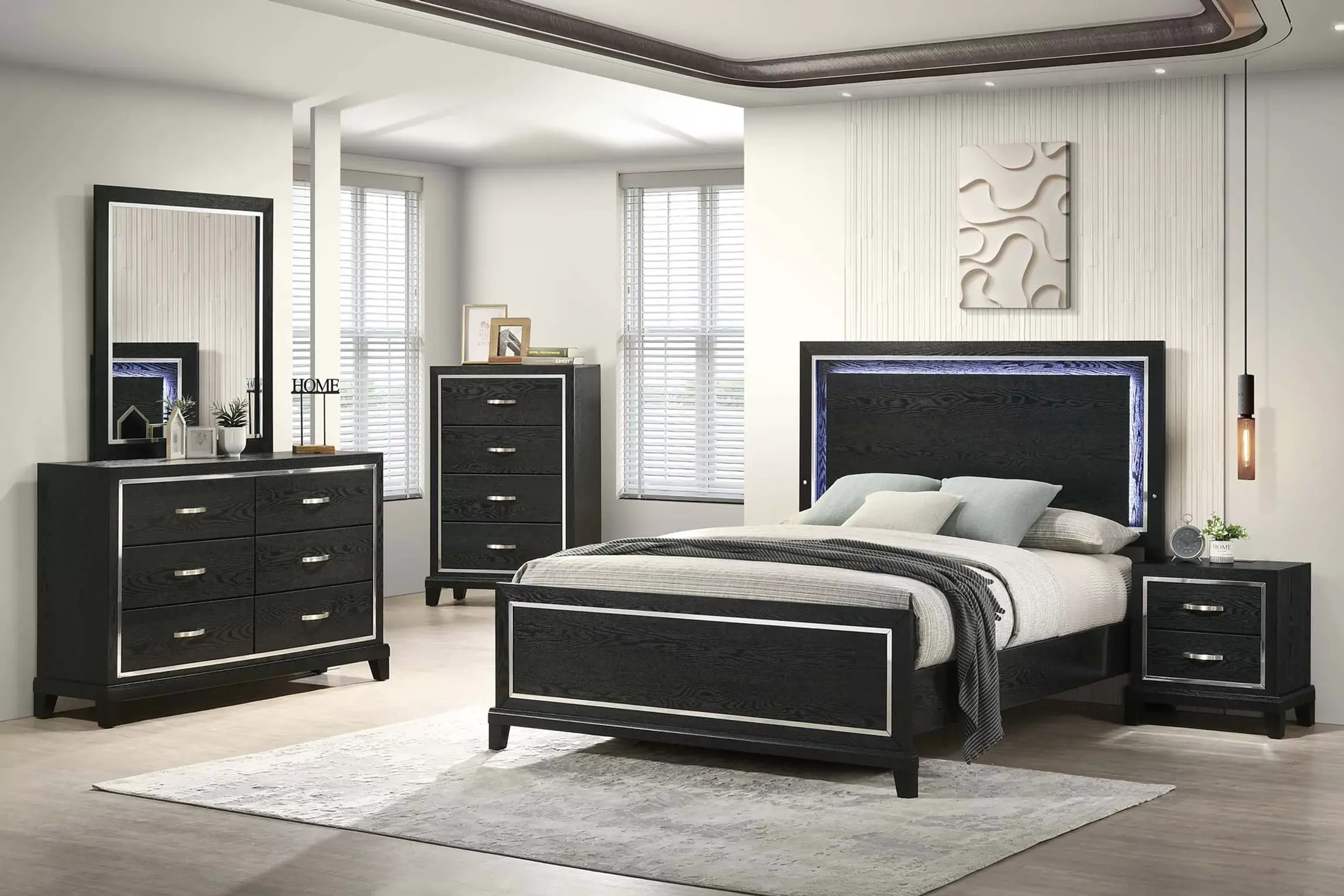 Platform Bed | Upholstered Wool Fabric Bed with LED Headboard