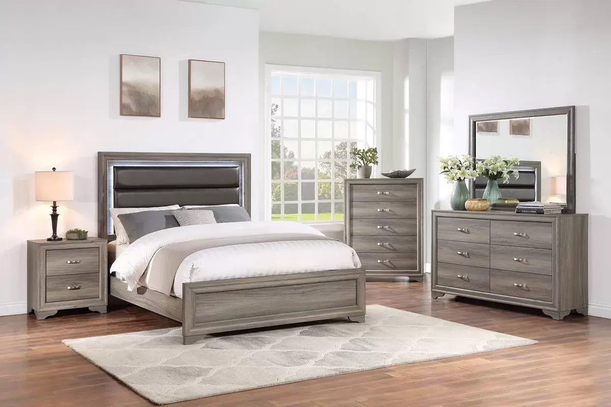 Platform Bed | Upholstered Wool Fabric Bed with LED Headboard