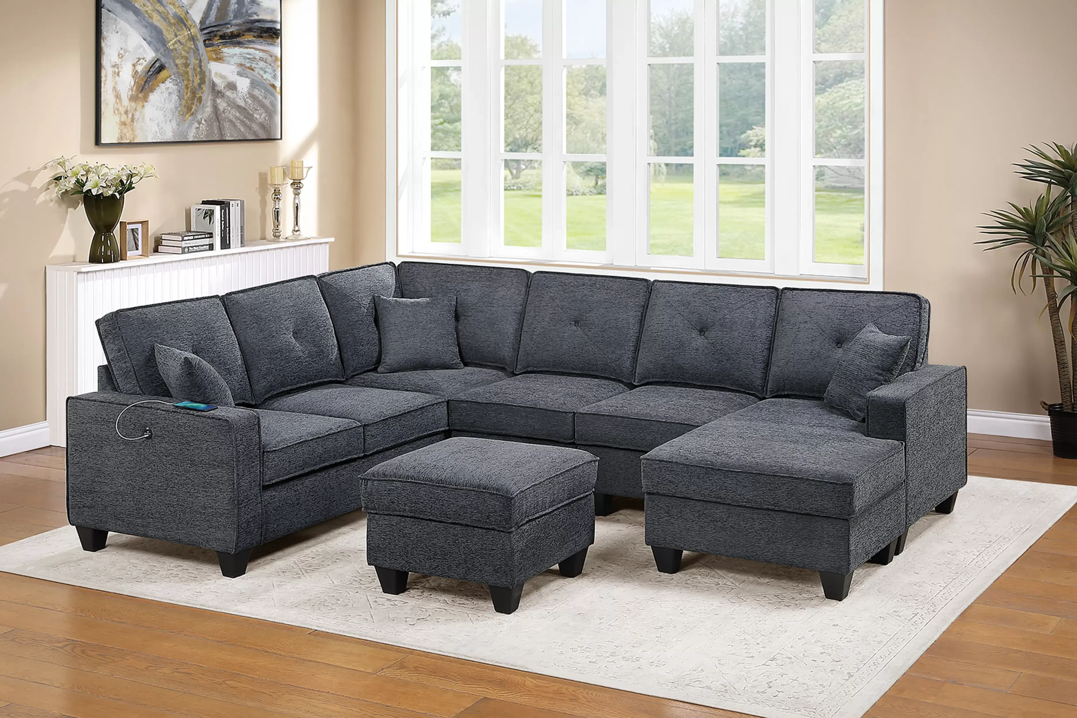 5-Piece Chenille Sectional Set with Reversible Chaise, USB & Ottoman