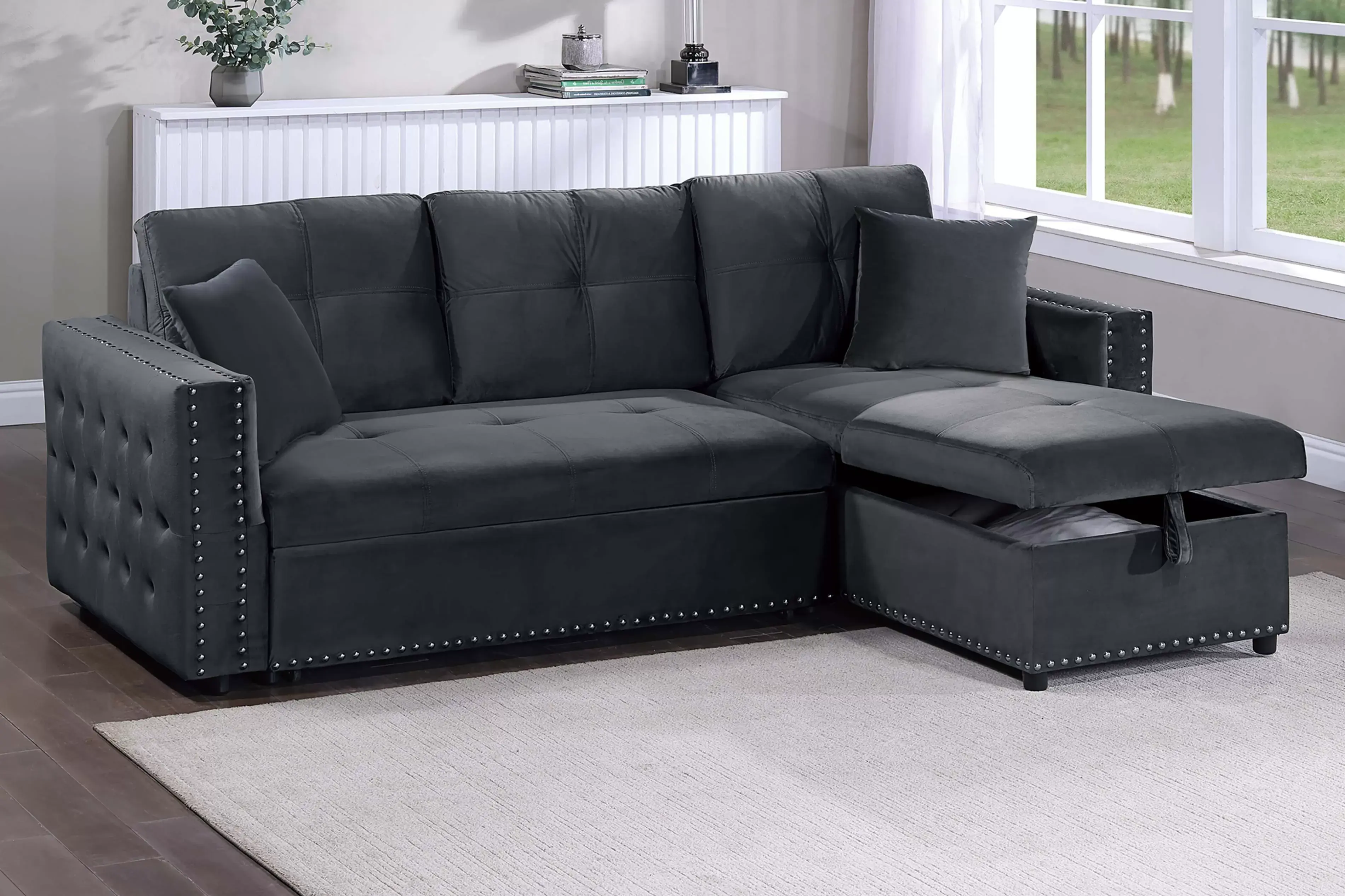 Convertible Sectional Sofa with Reversible Storage Chaise & Tufted Cushions