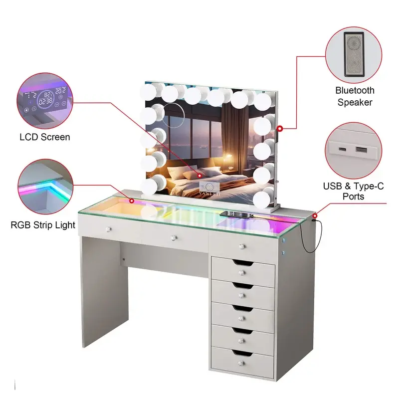 Thumbnail: VANITII Diana Vanity Desk Set with LED Mirror & 8 Storage Drawers