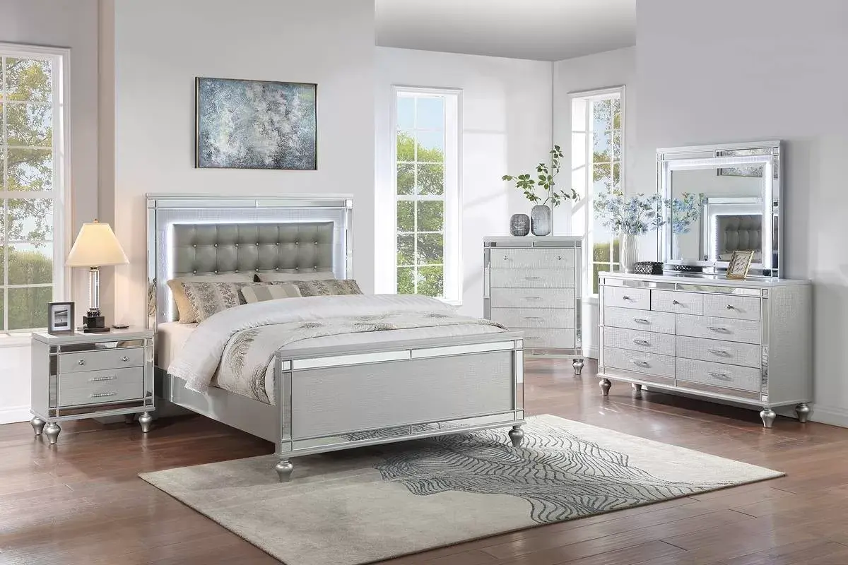 4-Piece Bedroom Set | LED Upholstered Bed with Dresser, Mirror & Nightstand
