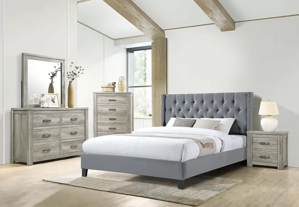 Thumbnail: 4-Piece Bedroom Set | Upholstered Master Bed with Dresser, Mirror & Nightstand