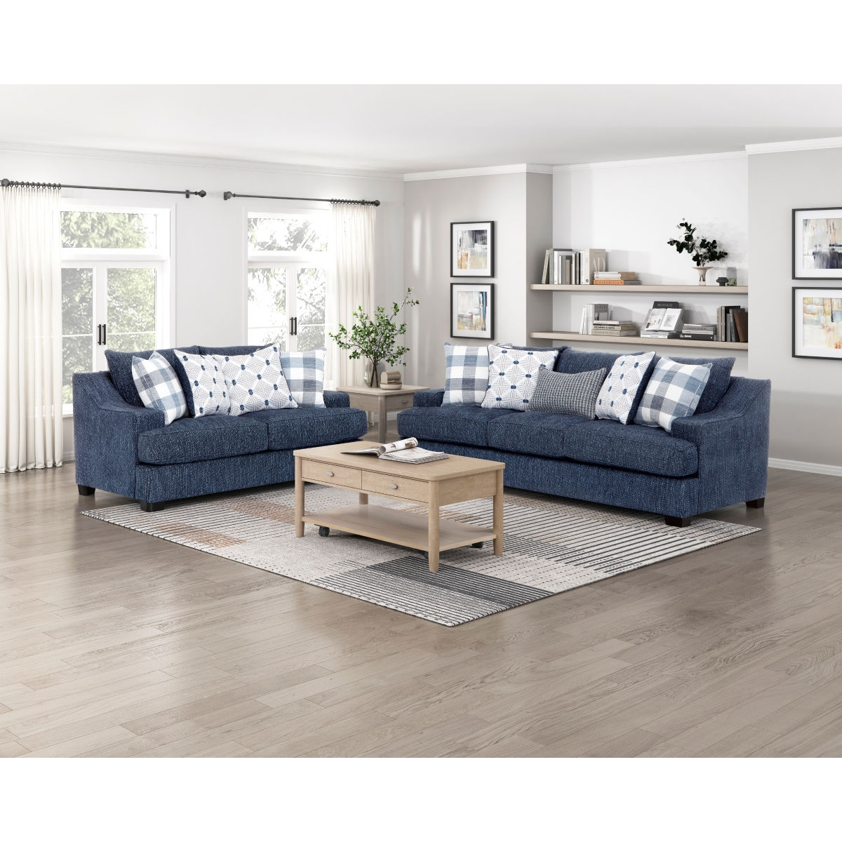 2-Piece Blue Chenille Sofa & Loveseat Set, Transitional Living Room Furniture