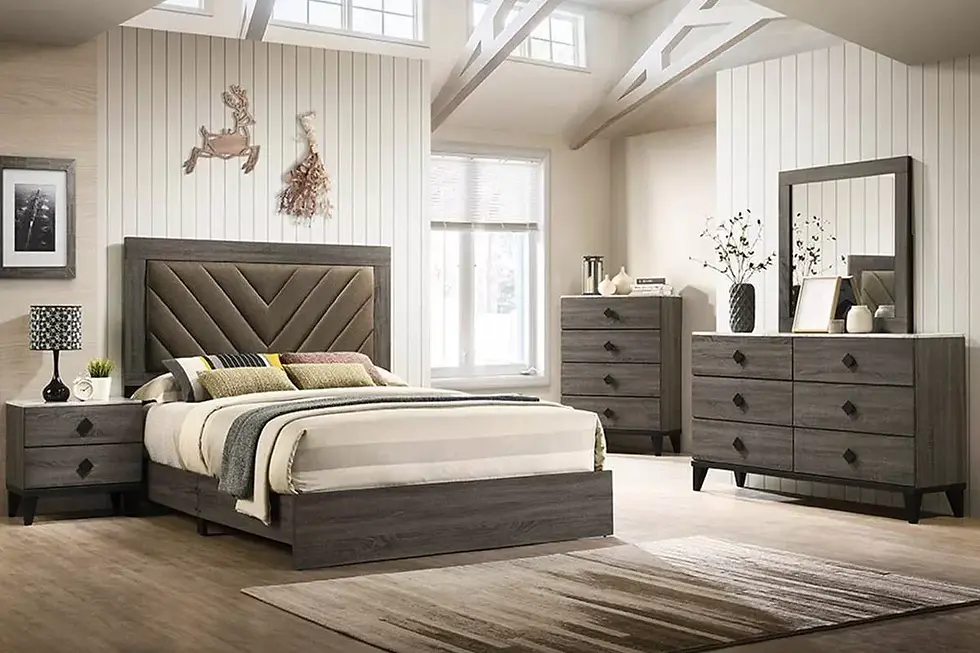 Thumbnail: 4-Piece Master Bedroom Set | Upholstered Bed with Dresser, Mirror & Nightstand