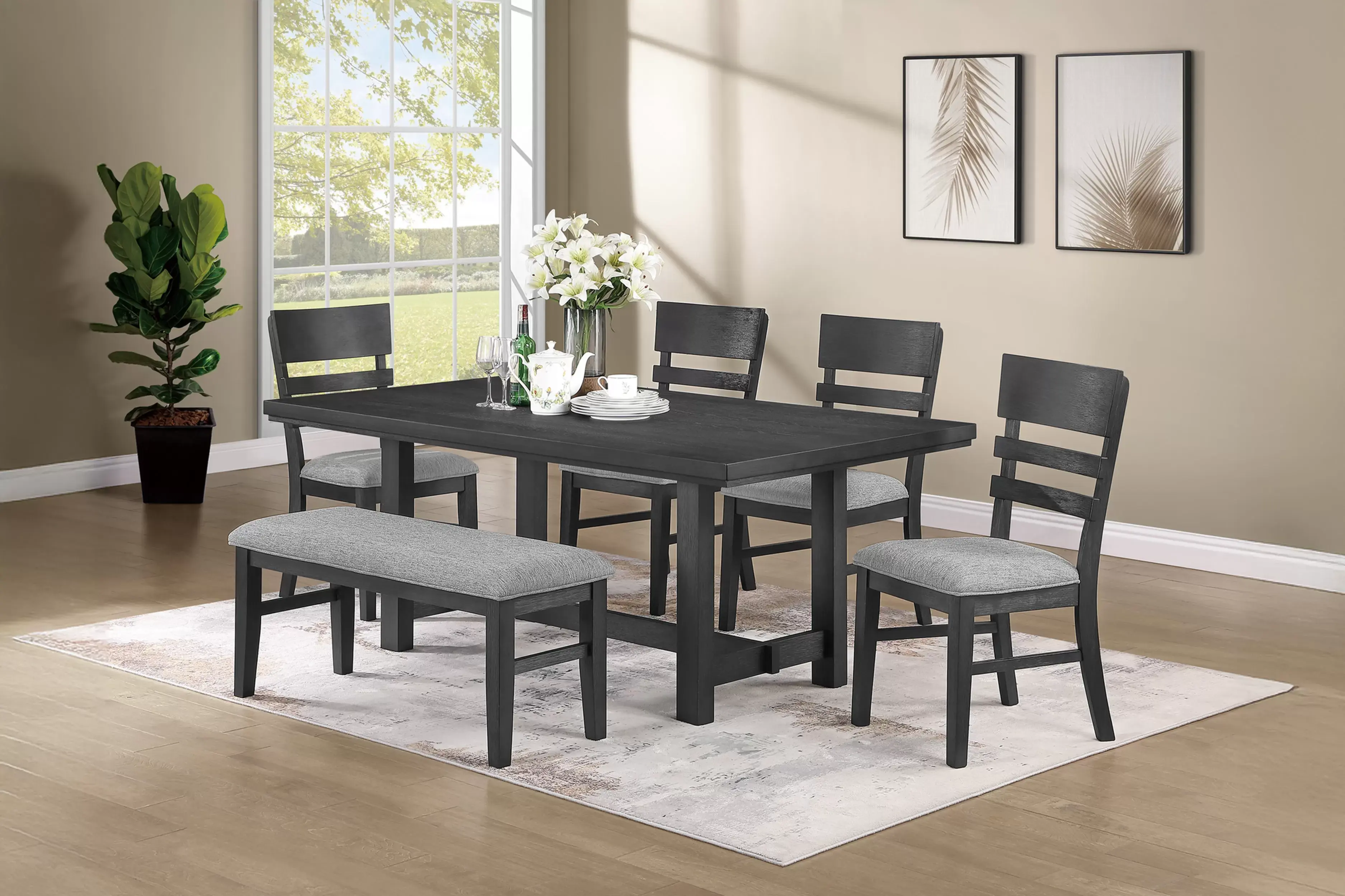Counter Height Dining Set | Table with 4 Bar Chairs & Upholstered Bench