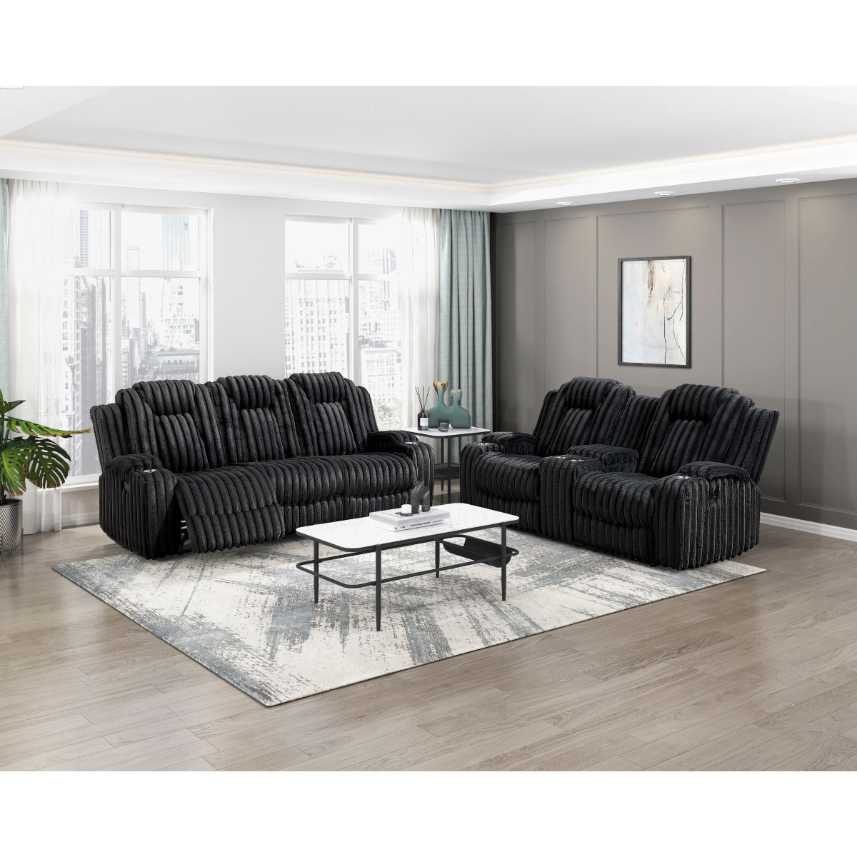 2-Piece Black Corduroy Double Reclining Sofa & Loveseat Set with Cup Holders