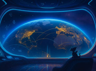 A futuristic spacecraft interior overlooks a glowing, network‑lit Earth through a large window, with a small silhouetted dragon creature sitting on the ledge and gazing out at the planet.
