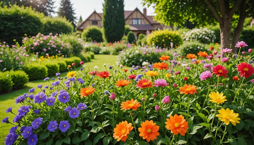 mixed flowers, shrubs