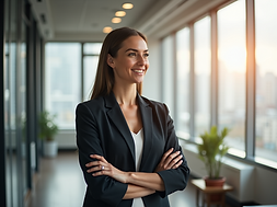 A confident professional stands in a modern office-setting-location, thinking-about-career