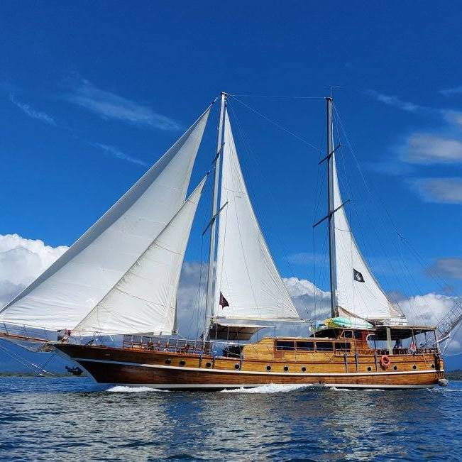 Wooden sailboat with large sails out