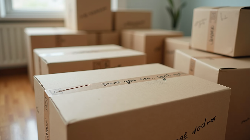 Close-up view of neatly packed boxes labeled for moving