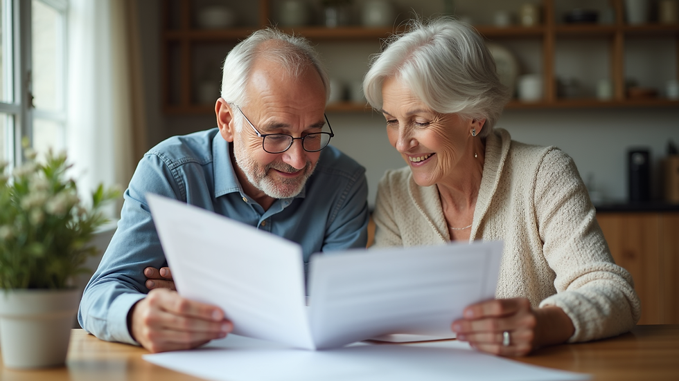 Eye-level view of a senior couple reviewing moving documents at a kitchen table