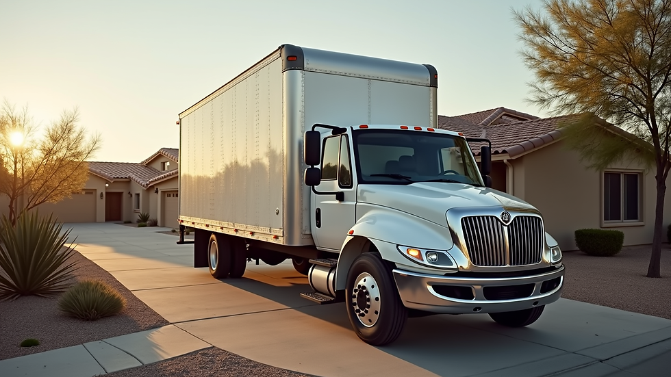 Wide angle view of a moving truck parked outside a Phoenix home