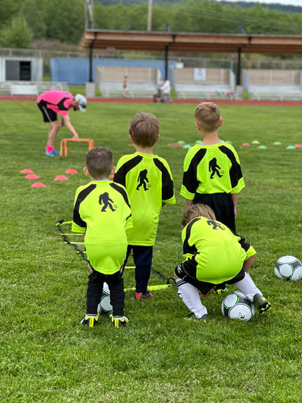Four boys, ages 4 & 5, wearing Lime green & black soccer kits on a soccer field.
The coach wears a hot pink and black soccer kit. The young soccer players all face away, showing a Bigfoot on the back of their jerseys. they eagerly await their Coach adjusting the difficulty to their obstacle course in the background.