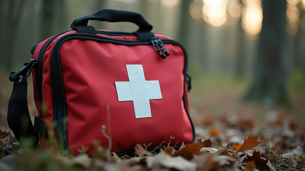 Close-up view of a first aid kit for outdoor activities