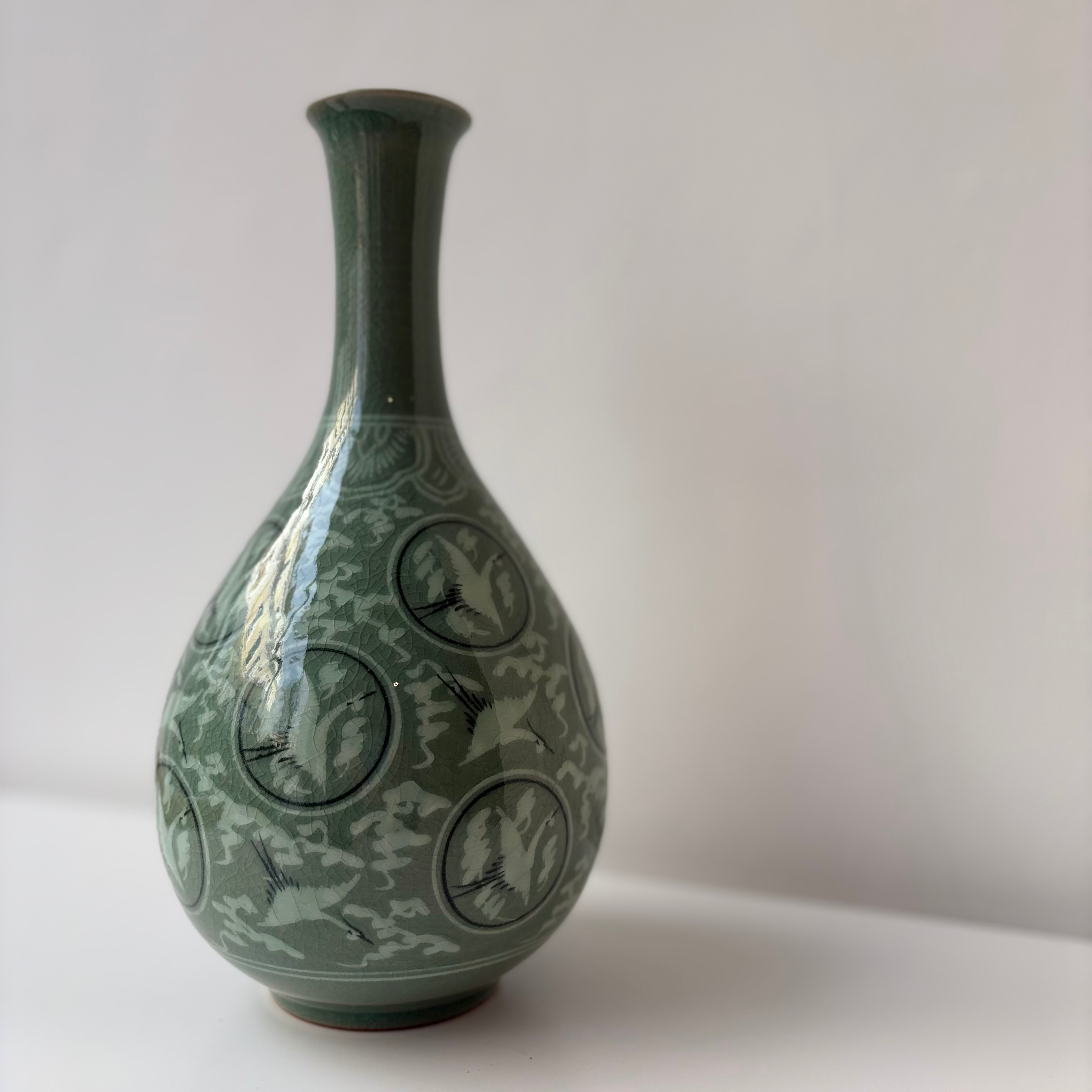 Celadon Elongated Vase with Crane Decoration