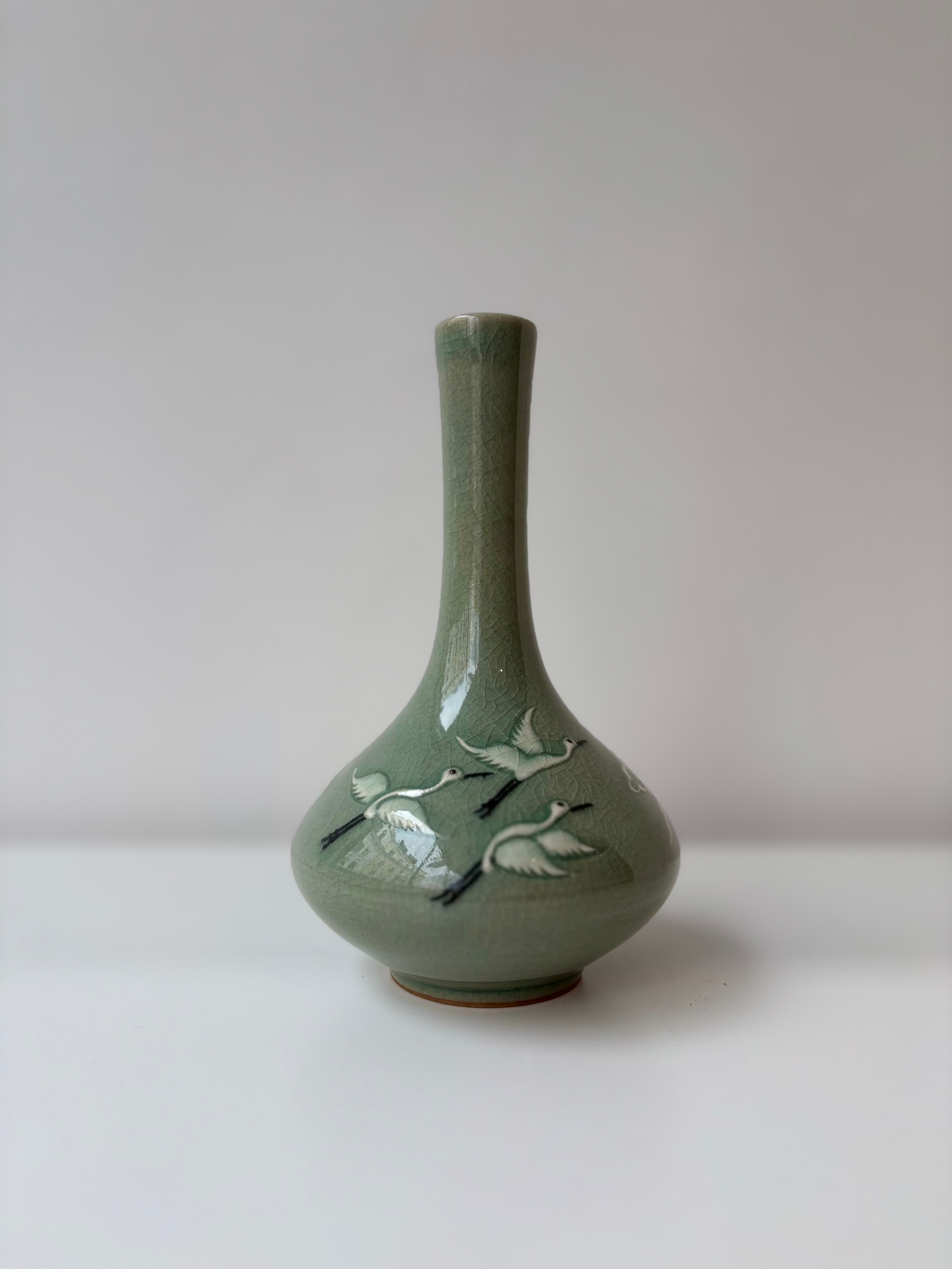 Celadon Elongated Vase with Crane Decoration