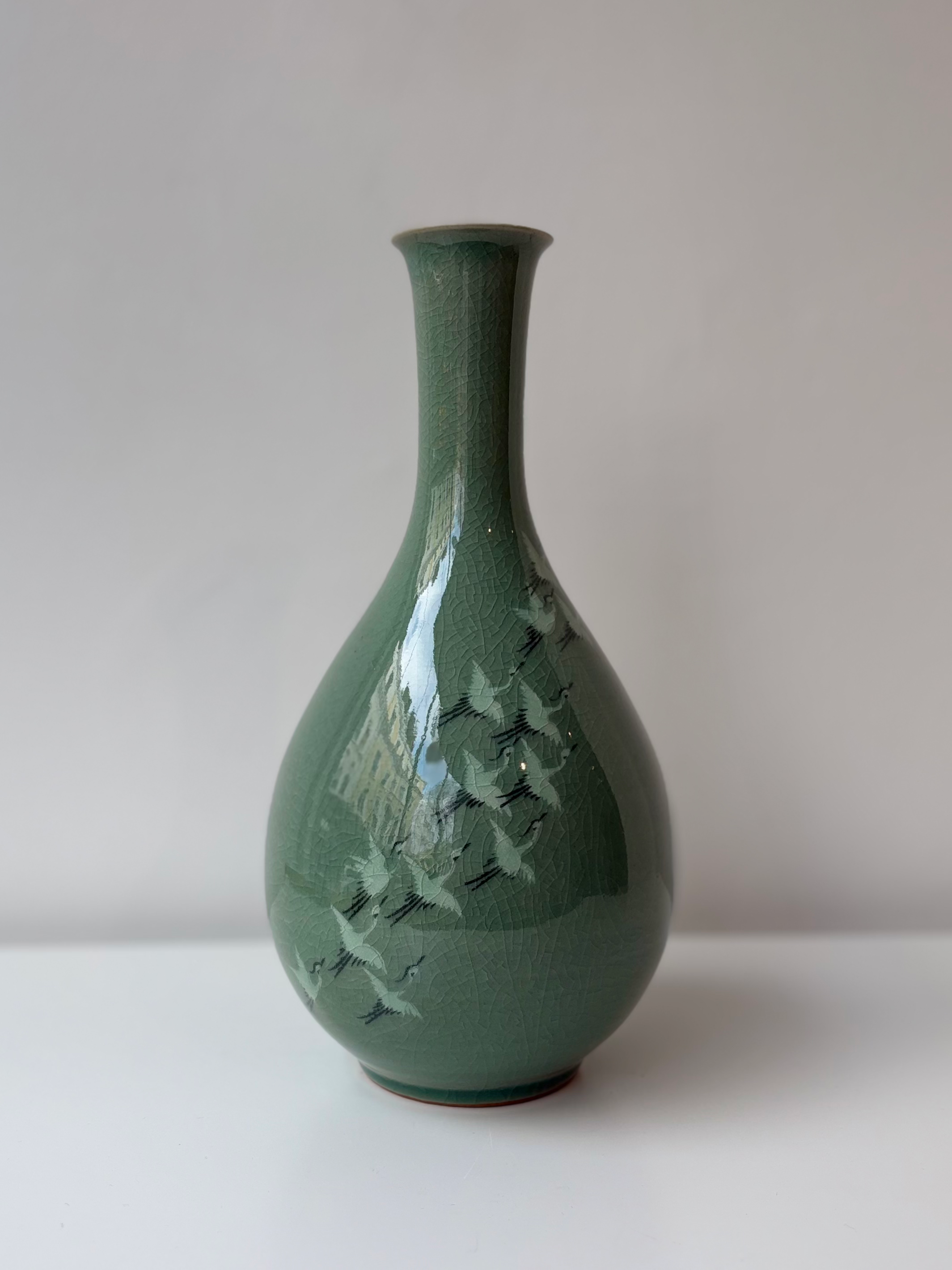 Celadon Elongated Vase with Crane Decoration