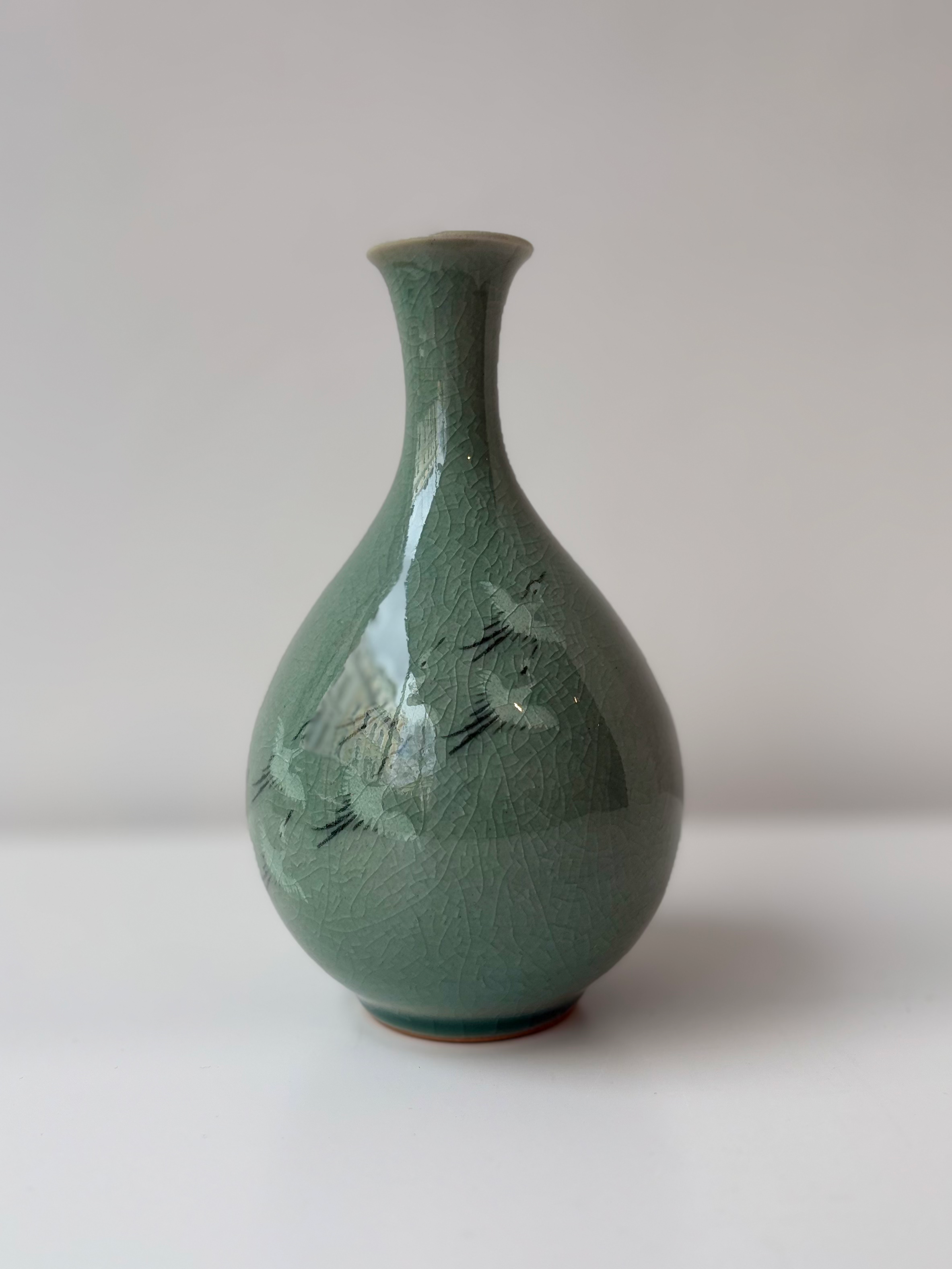 Celadon Elongated Vase with Crane Decoration