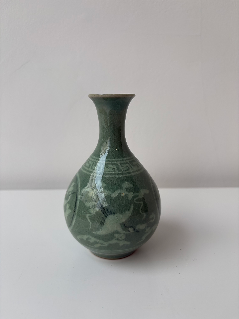 Thumbnail: Celadon Elongated Vase with Crane Decoration