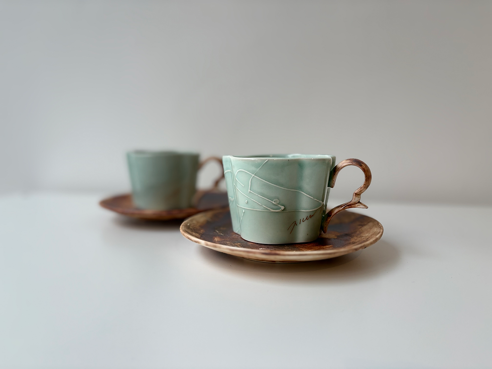 Thumbnail: Celadon Teacups with Saucers