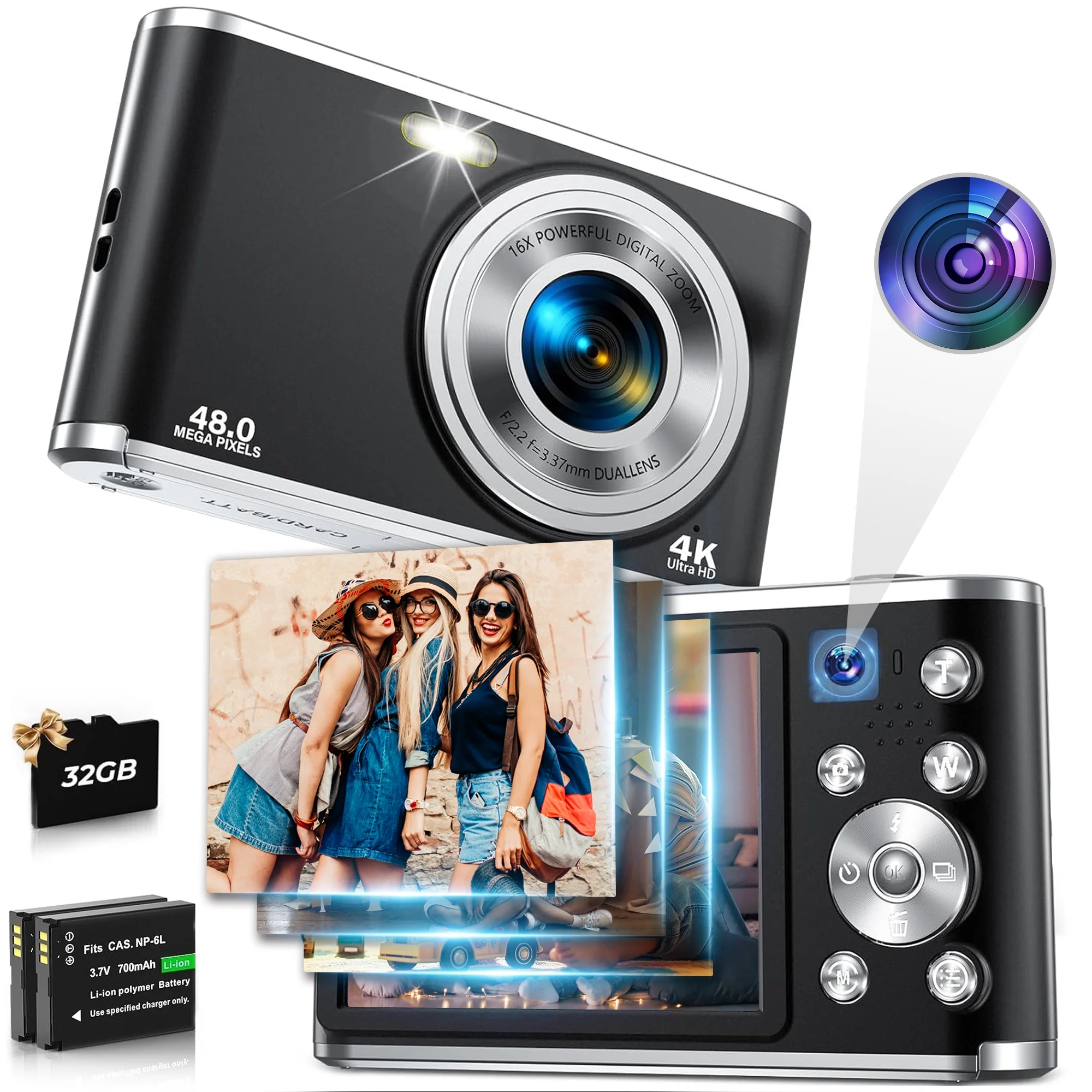 4K Digital Camera 48MP Autofocus Vlog Video Dual Cameras for Youtube with 32GB C