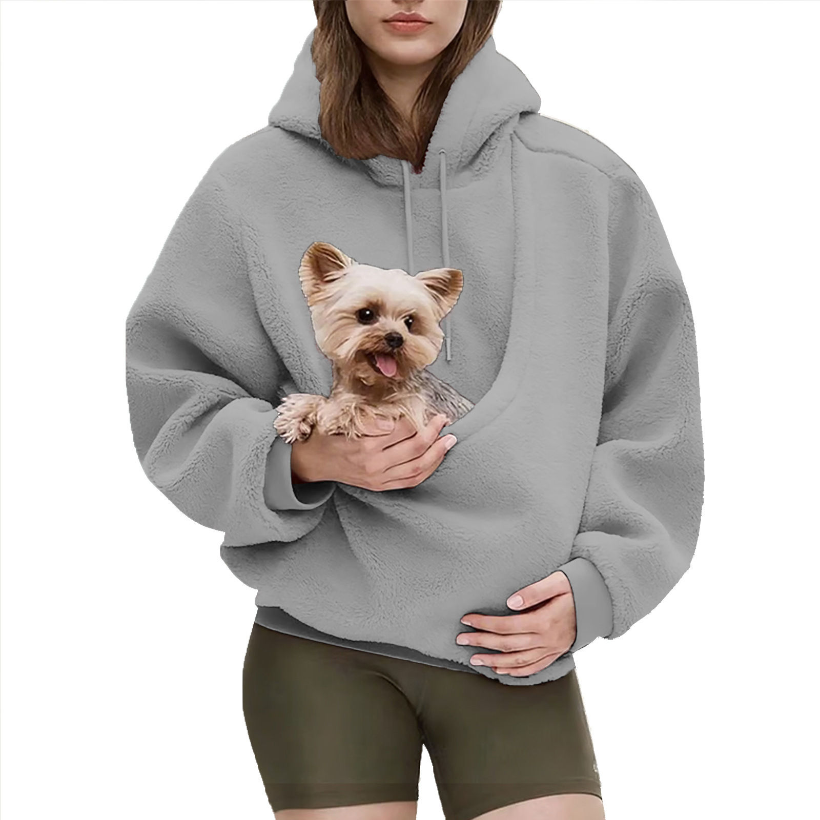 Moletom com capuz e bolso para pet, em pelúcia, cor sólida e modelagem ampla