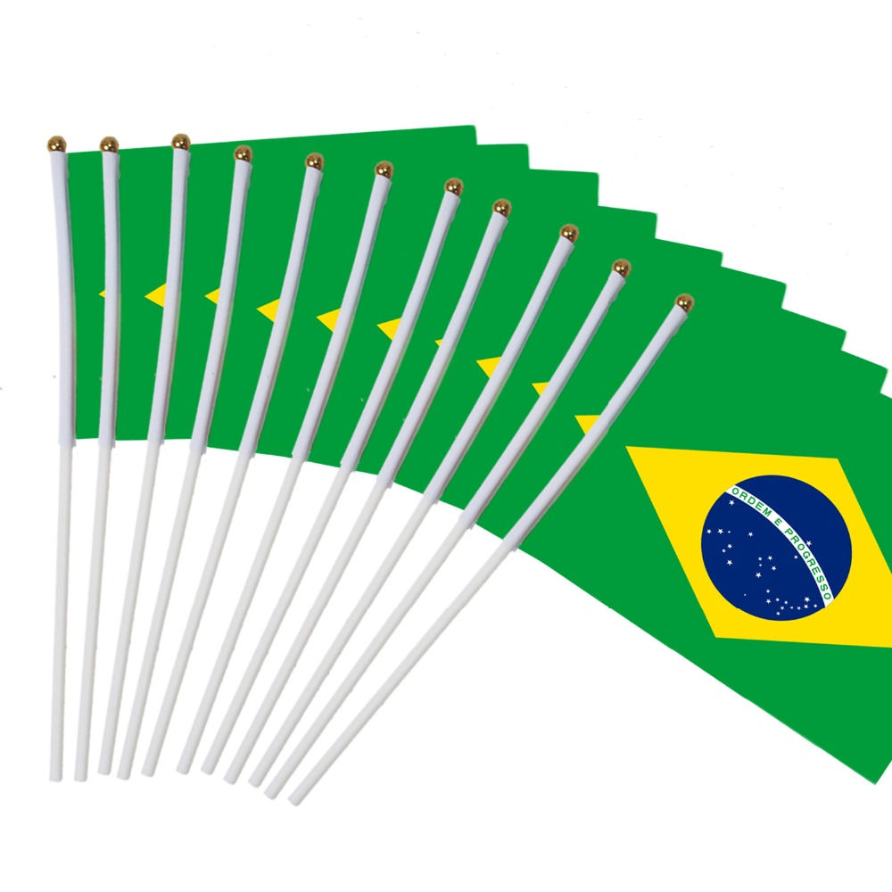 Conjunto de 10 bandeirinhas de mão com a bandeira nacional do Brasil, tamanho 14