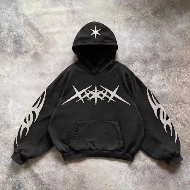 Retro Gothic Graphic Print Hip Hop Hoodie for Men Y2K Grunge